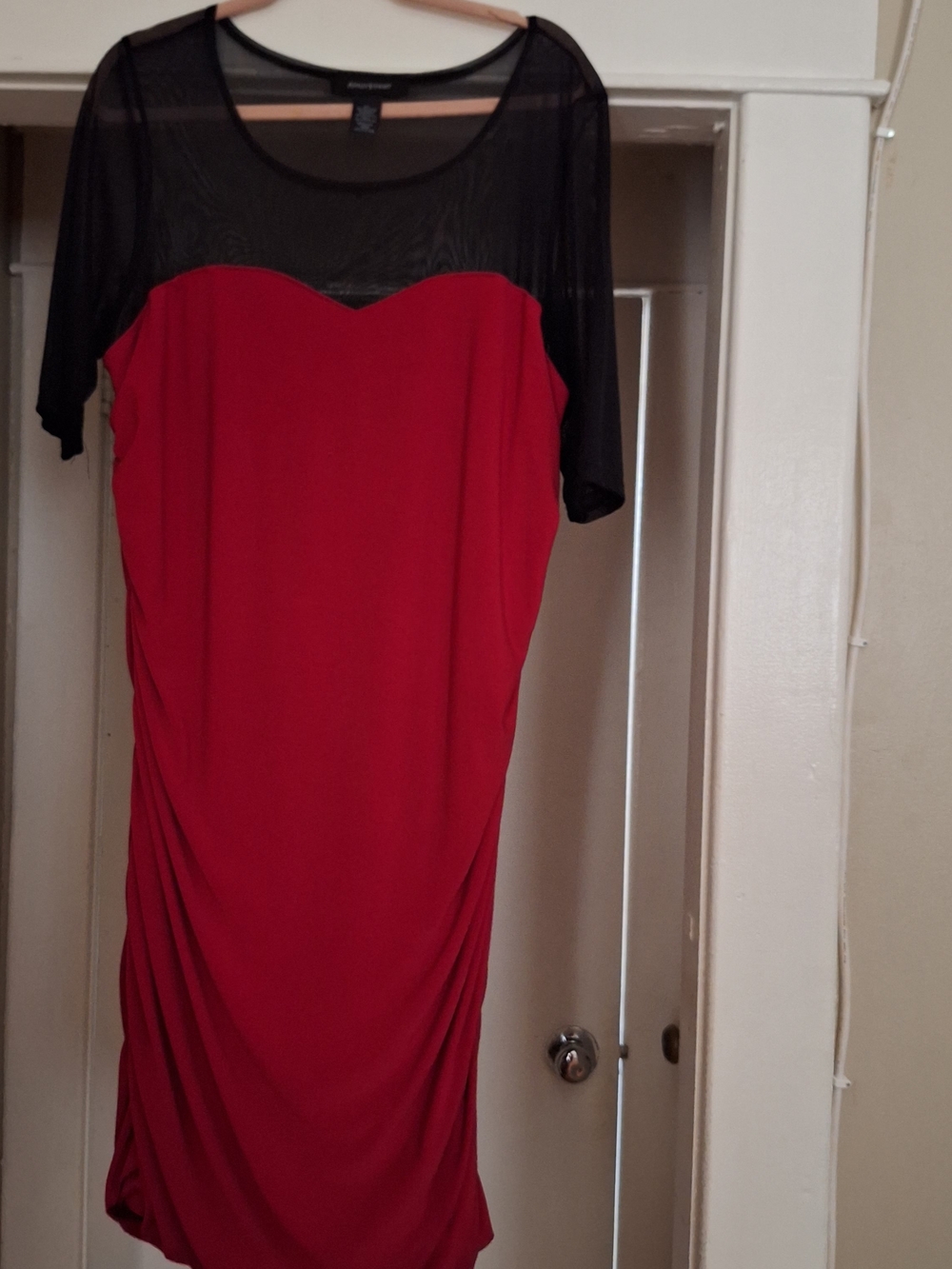 Ashley Stewart Red Midi Dress with Black Sheer Yoke